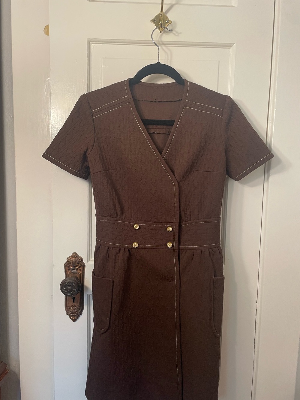 Handmade vintage - Brown Short-Sleeve Wrap Dress with Gold Button Detail